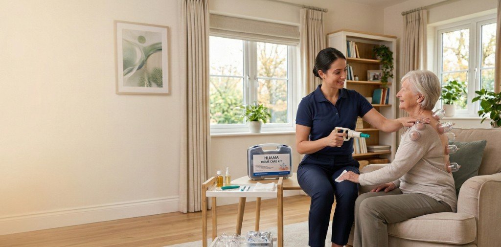 Hijama home care – practitioner with patient during cupping therapy at home in Dubai